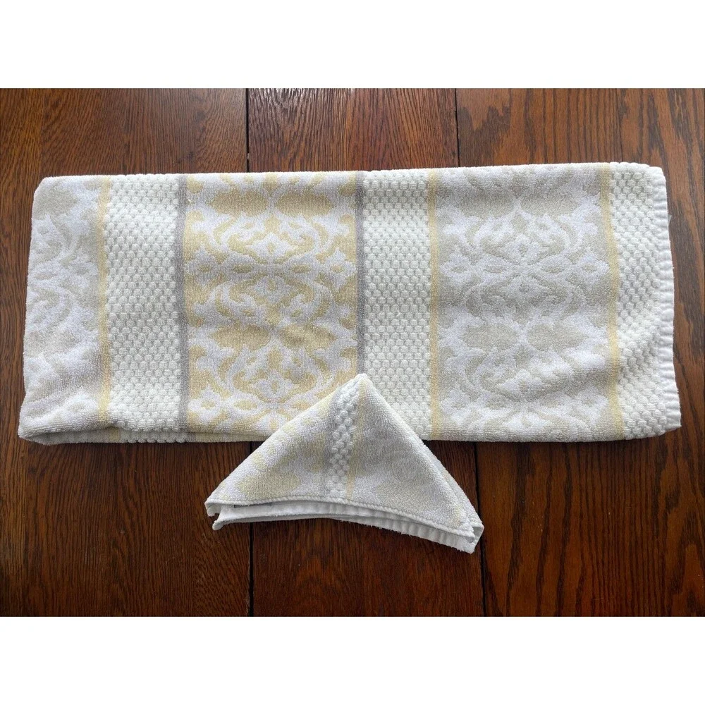 2 PC Towel Set Beau Monde Bath & Wash Cloth Scroll Stripe Neutrals 100% Cotton